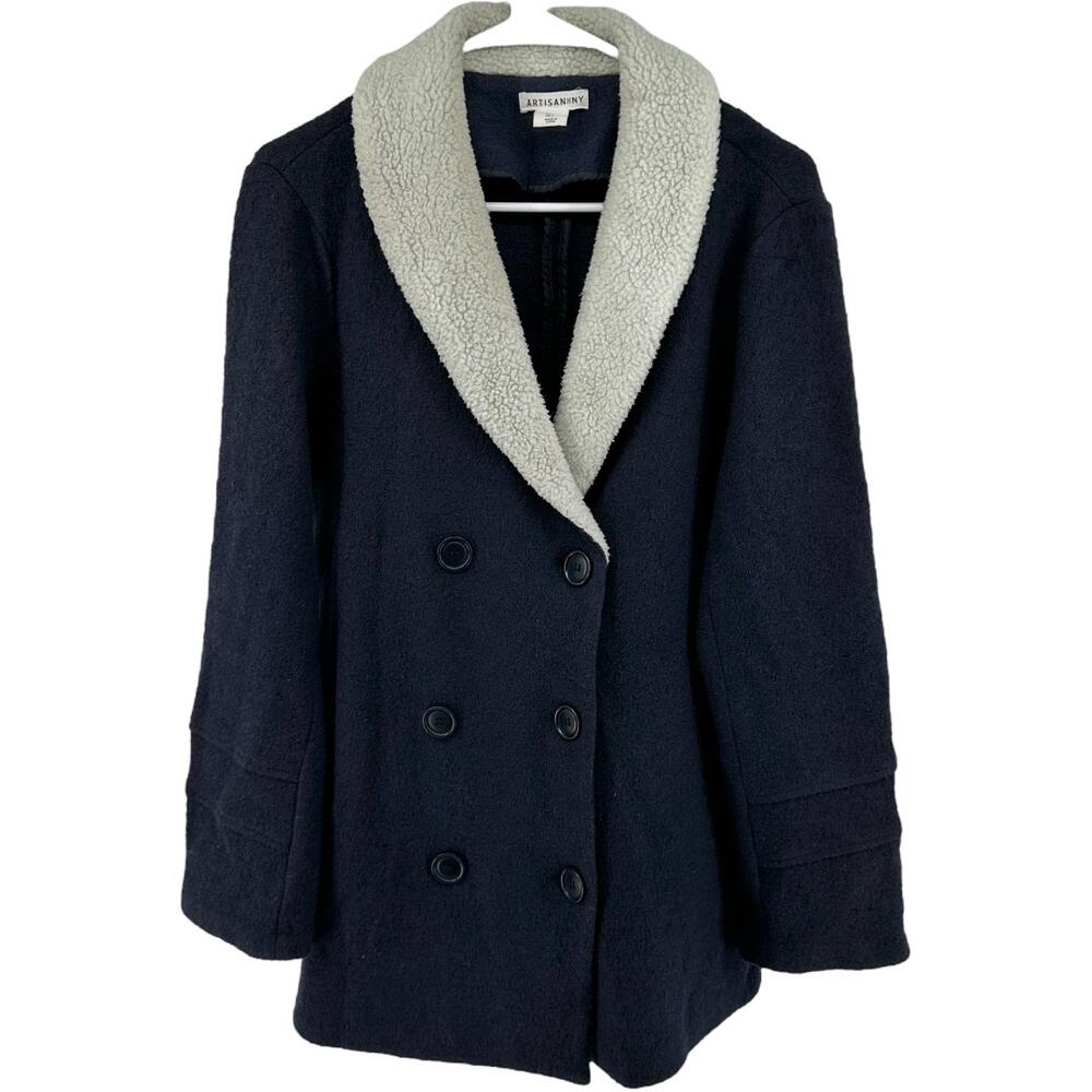 Artisan NY Peacoat Wool Double Breasted Faux Sherpa Collar Navy Blue Large
